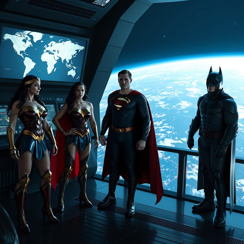 DC Heroes in Space Watchtower Overlooking Earth