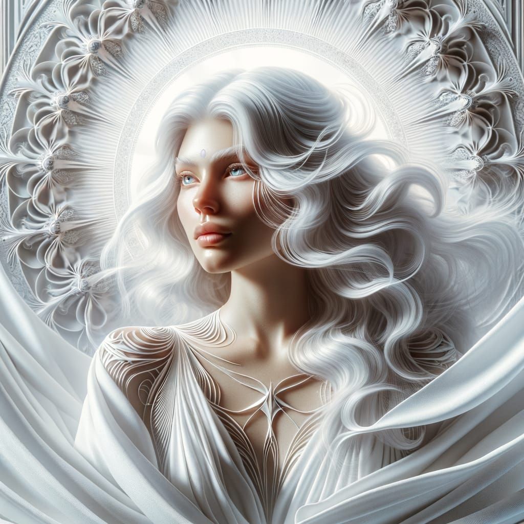 Celestial Woman in White with Geometric Hair