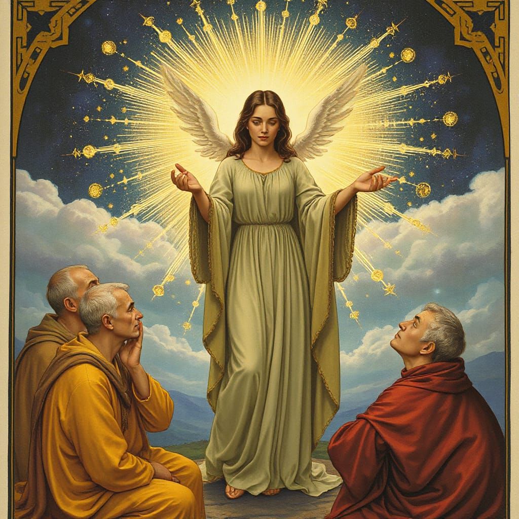 Divine Wisdom Figure Inspires Acolytes in Mystical Light