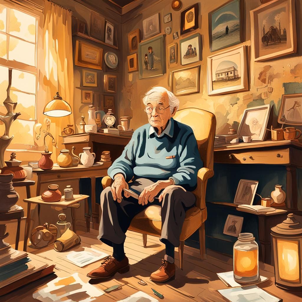 Nostalgic Gouache Illustration of Elderly Person in Antique ...