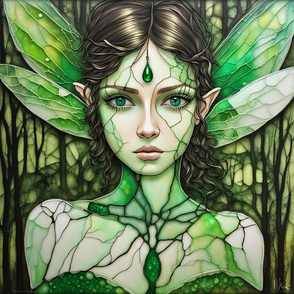 Green-Eyed Fairy Dances in Forest, Mixed Media