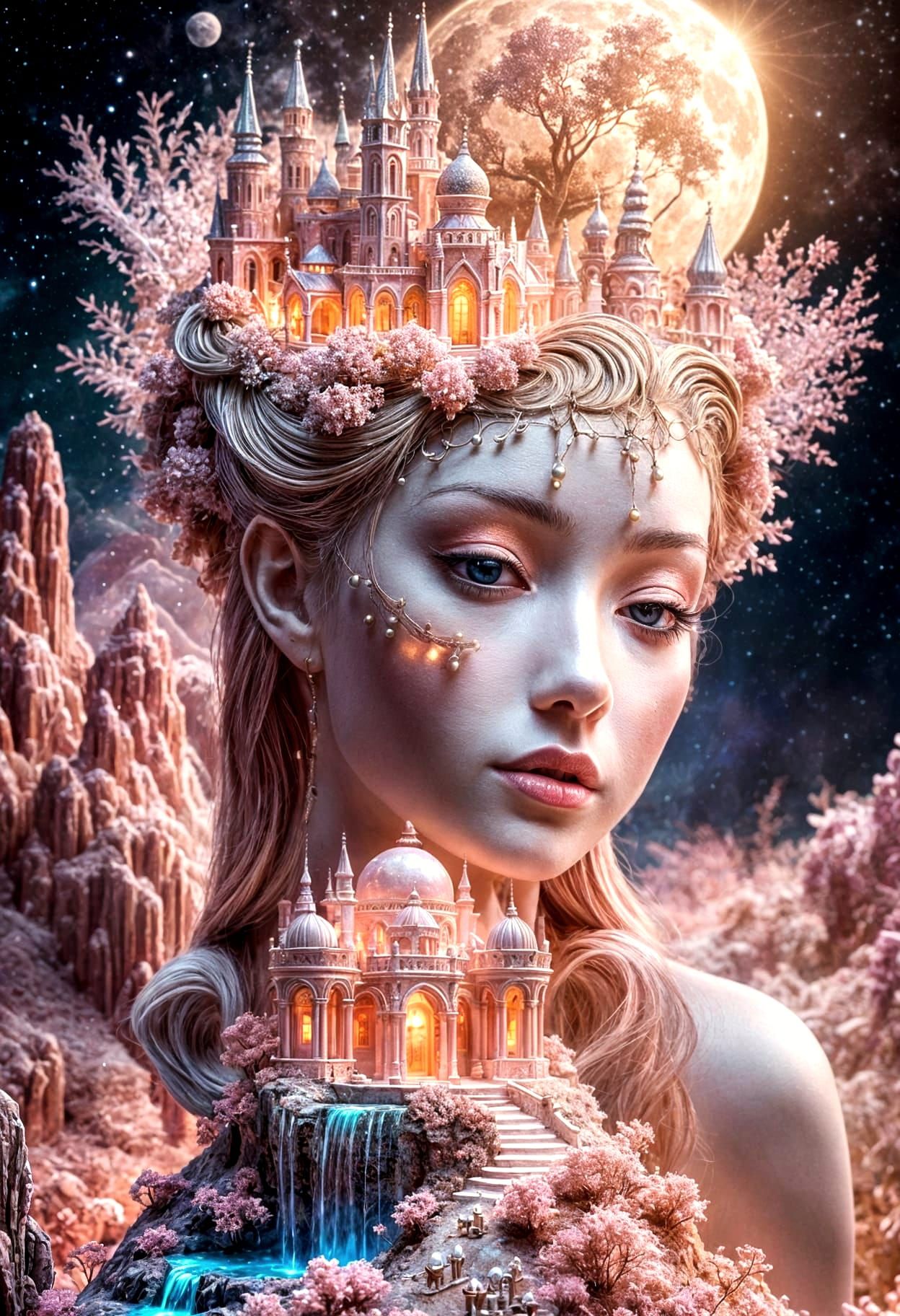 Miniature Dreamscape with Pink Moon, HD Photography