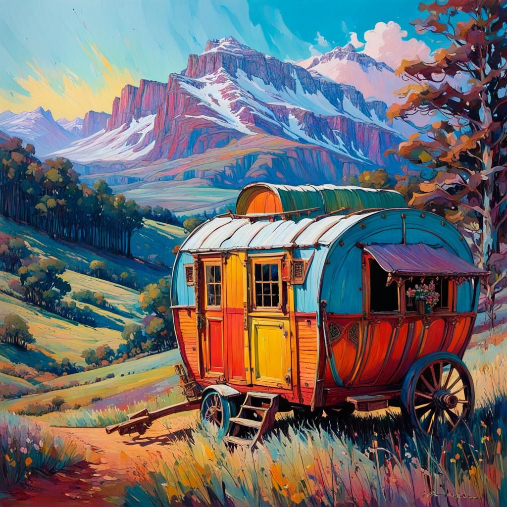 Vibrant Gypsy Wagon Amidst Whimsical Landscape