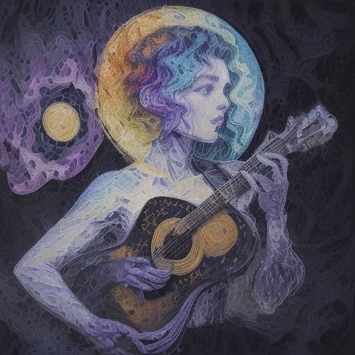 Alien Guitarist in Moonlit Woods: Van Gogh Expressionism