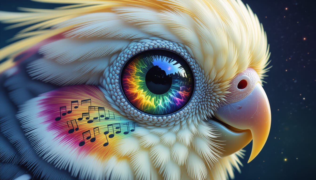Lutino Cockatiel Eye Reflects Cosmic Music Landscape