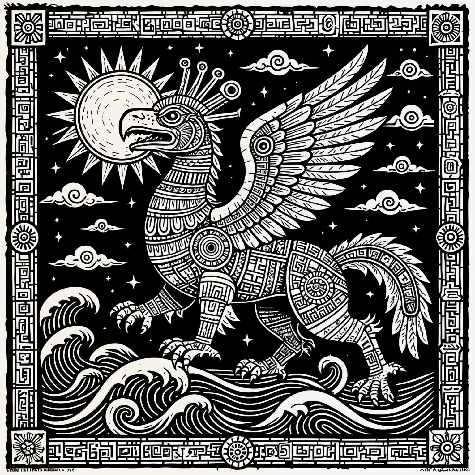 Aztec Inspired Mythical Creature Woodcut Art