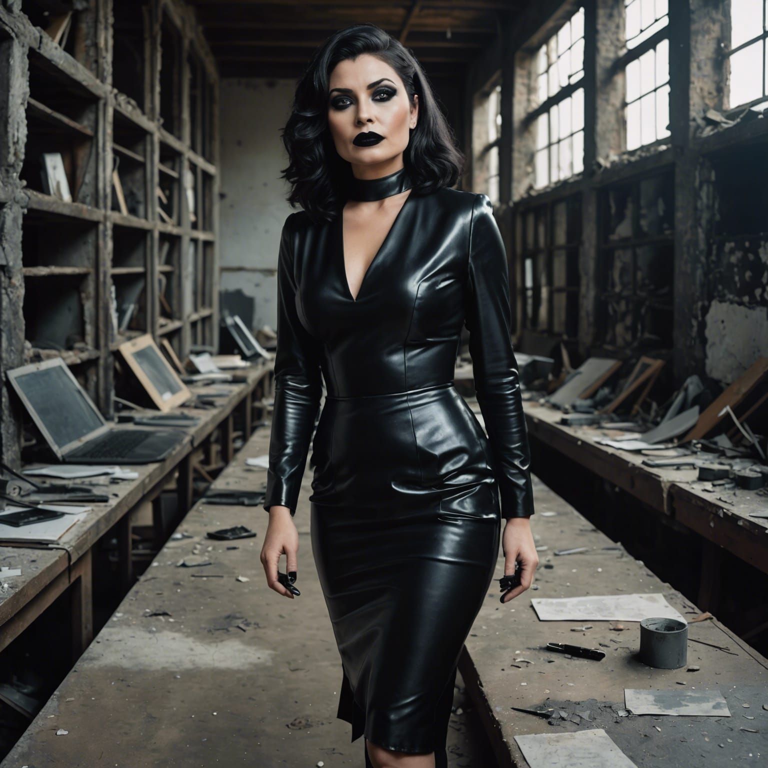 Curvy Secretary in City Ruins with Black Lipstick