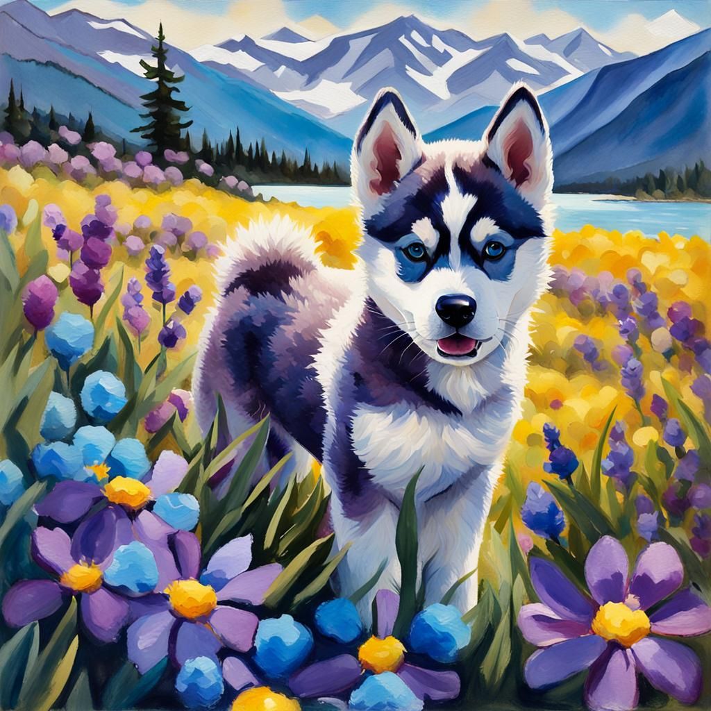 Husky Puppy in Floral Field: Impasto Gouache Style