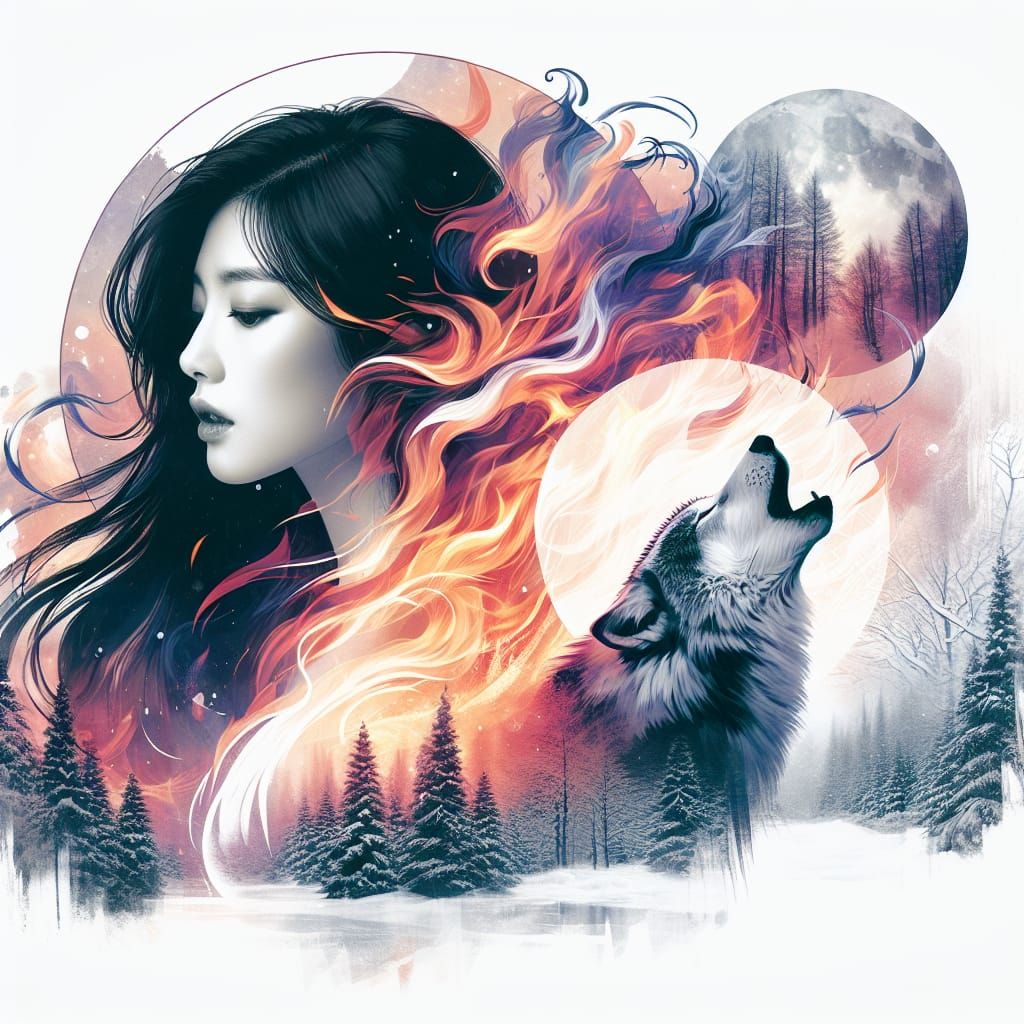 Ethereal Double Exposure: Woman, Wolf, Fire, Winter