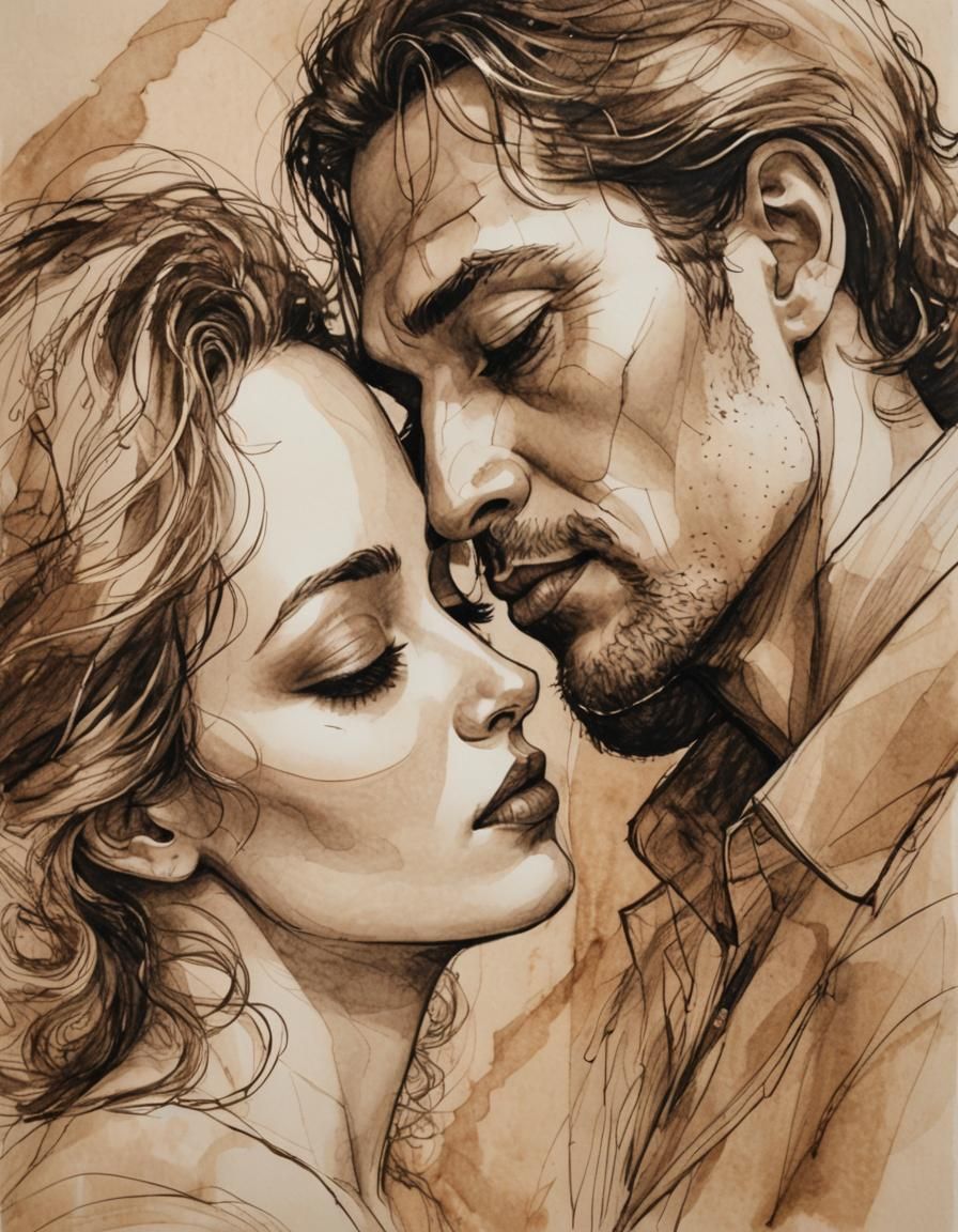 Romantic Kiss in Pen and Ink on Parchment