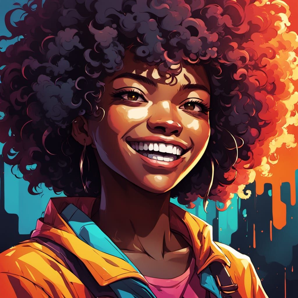 Vibrant Anime Girl with Afro Laughs with Fierce Expression