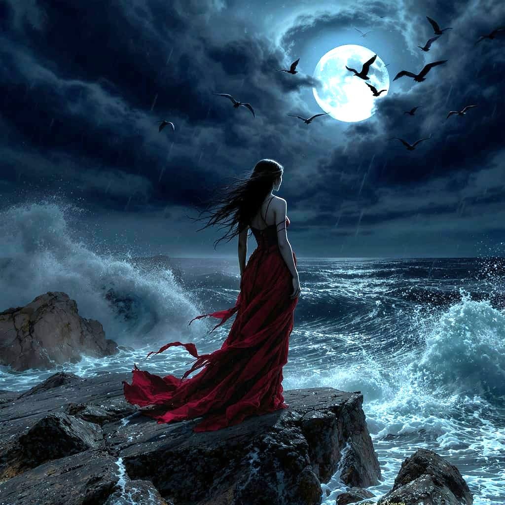 Windswept Woman on Stormy Shore in Dark Fantasy Style