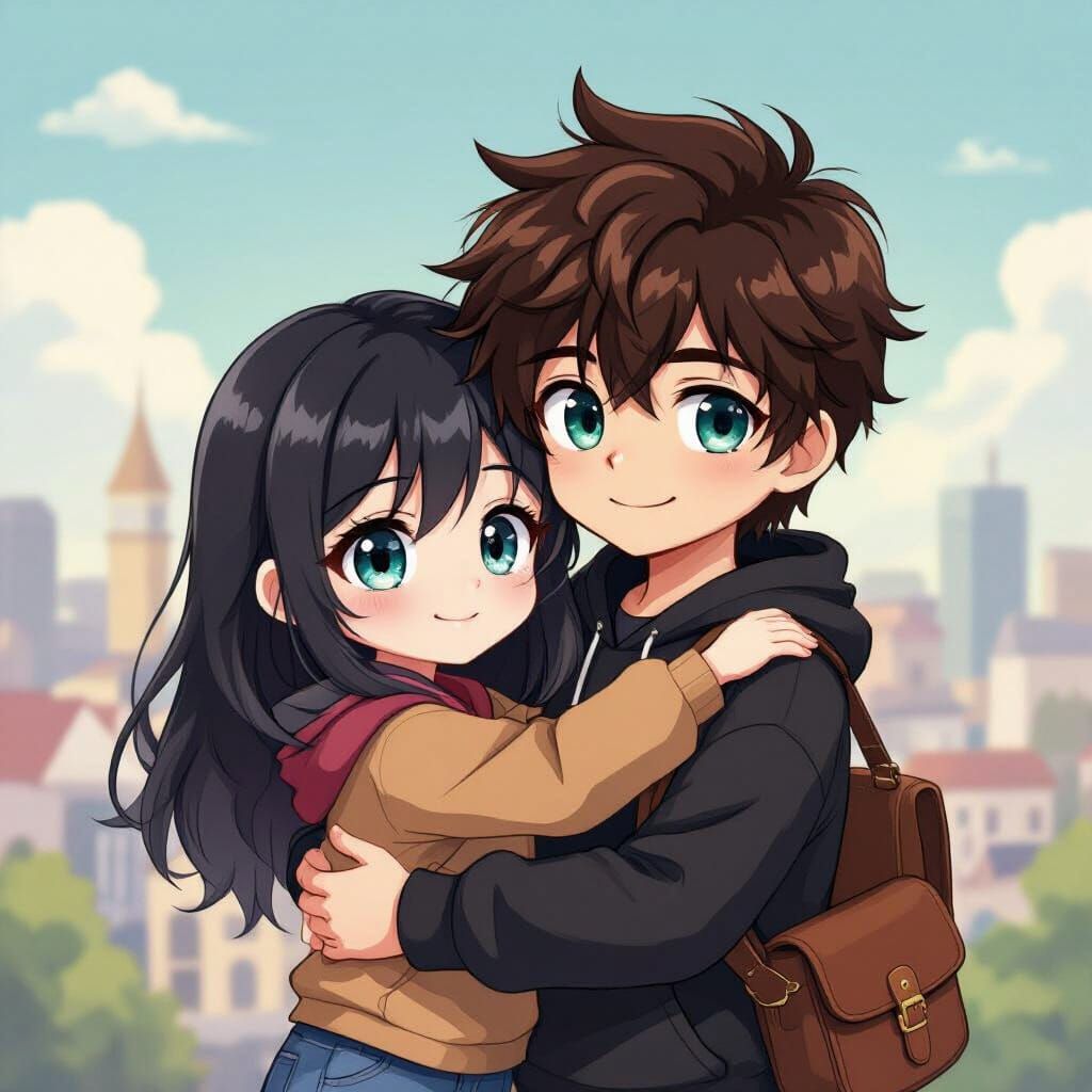 Chibi Anime Selina Hugs Teal-Eyed Man in City