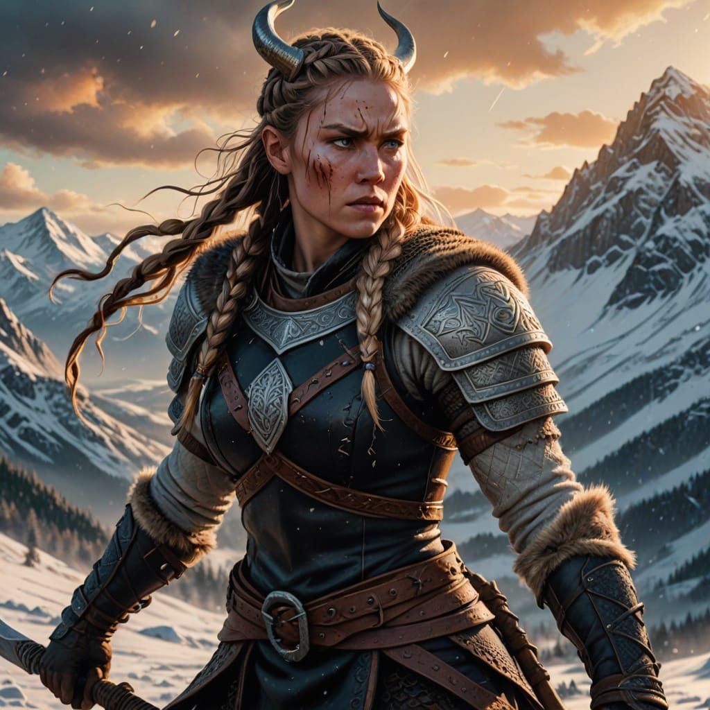 Fierce Berserker Woman in Nordic Mythology Style