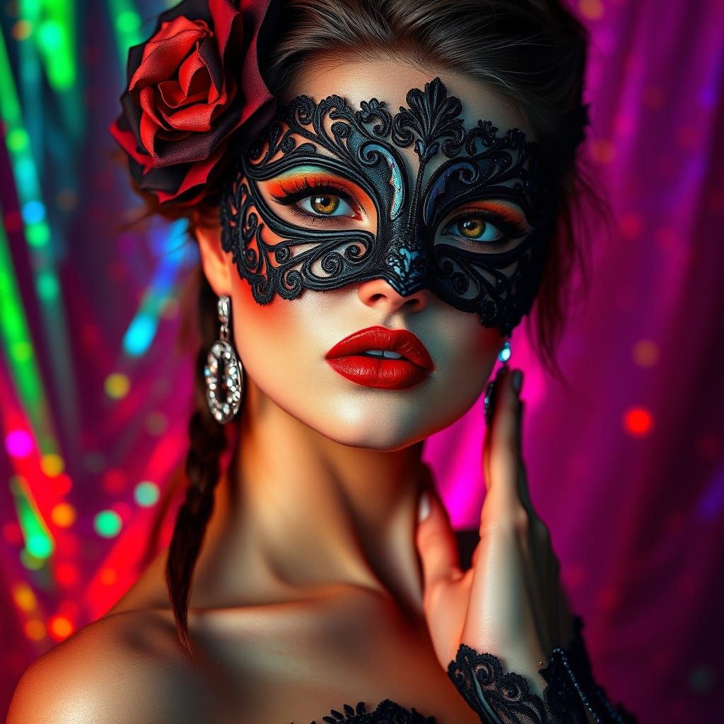 Glamorous Masquerade Goddess in a Vibrant, Shimmering World