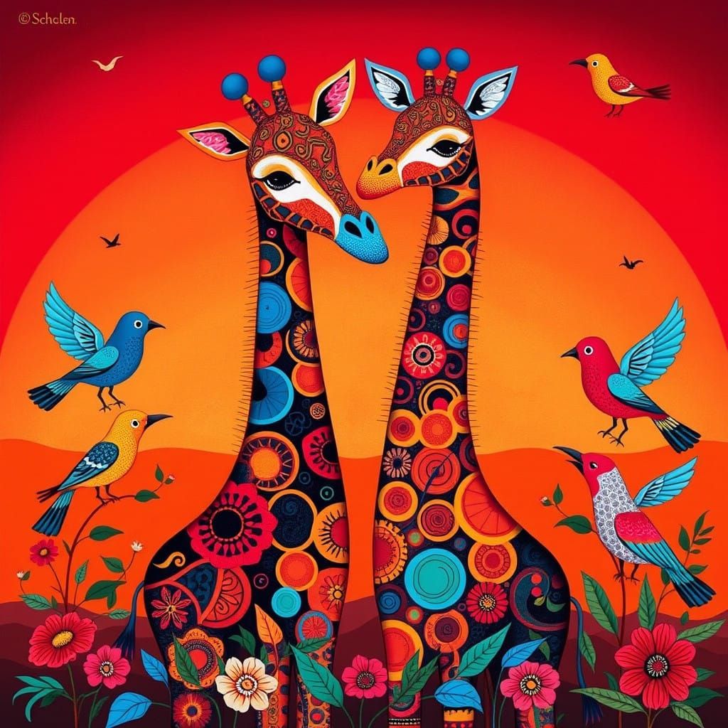 Vibrant Giraffe Encounter in Whimsical Sunset Scene