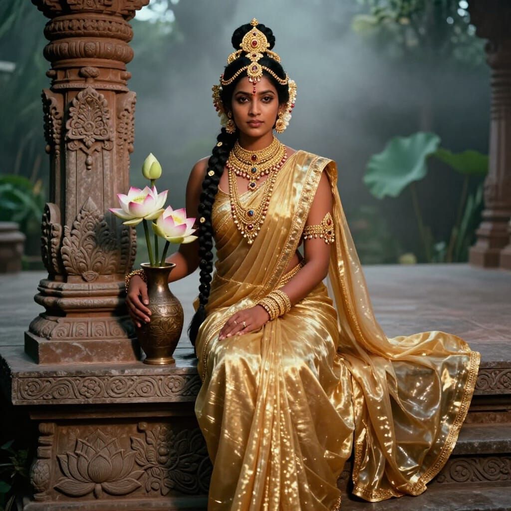 Ancient Hindu Queen in Golden Sari with Gem Ornaments