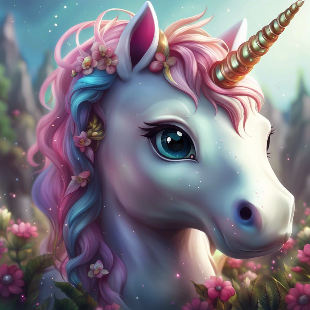 A highly detailed portrait of cute chibi unicorn