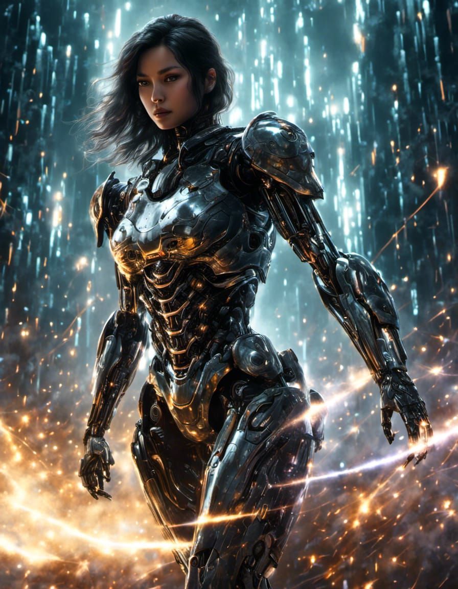 Dark-Haired Cyborg on a Misty Shore