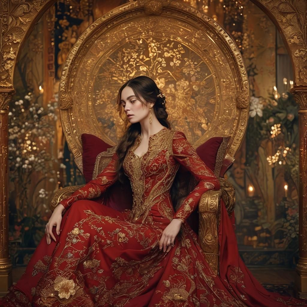 Woman in Red Gown and Gold Embroidery