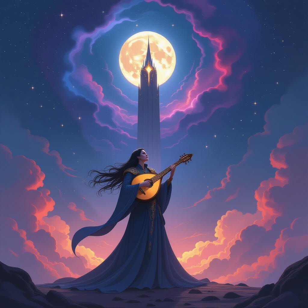 Moonlight Bard on Cosmic Tower in Swirling Nebula