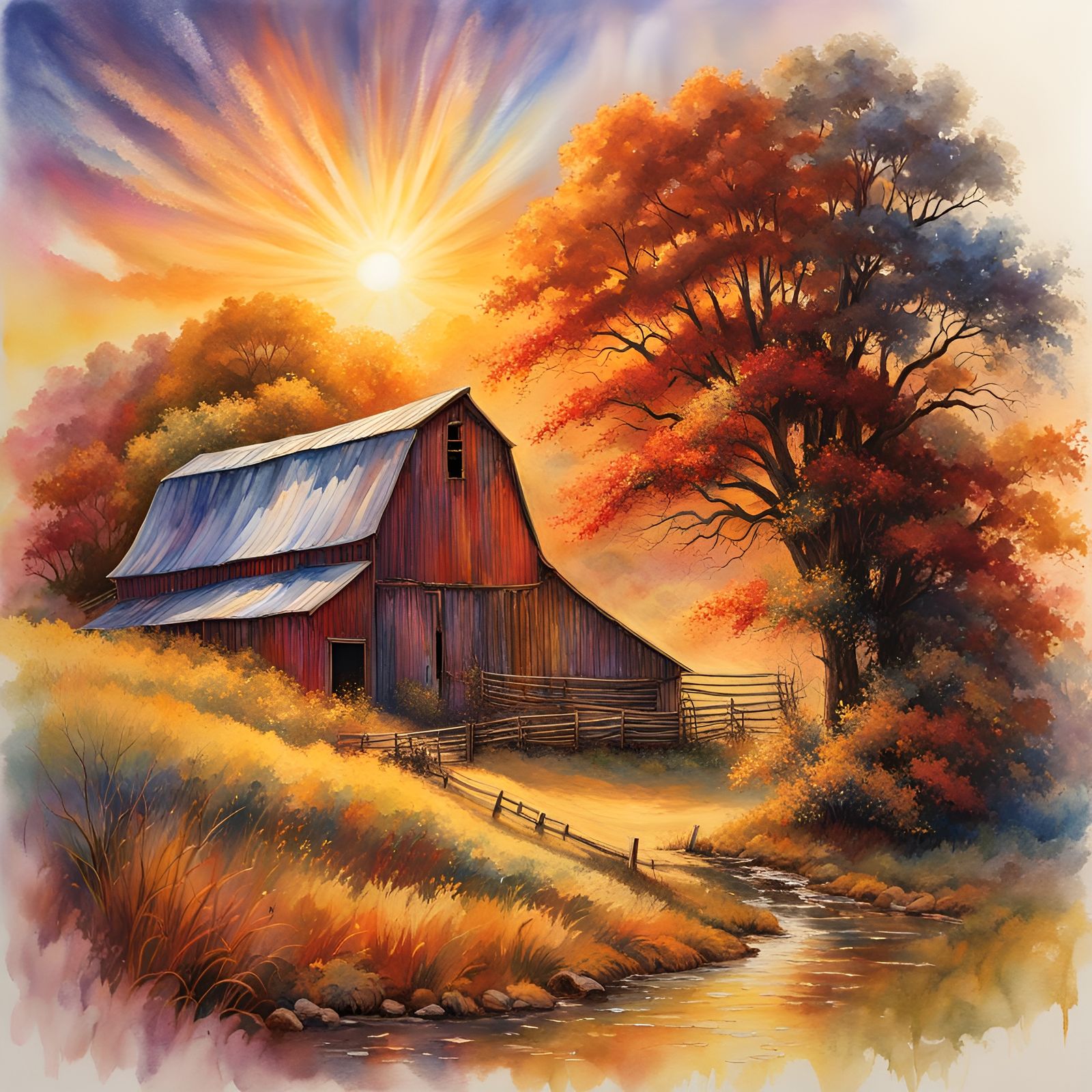 Barn and Silo Landscape in Polychromatic Watercolor