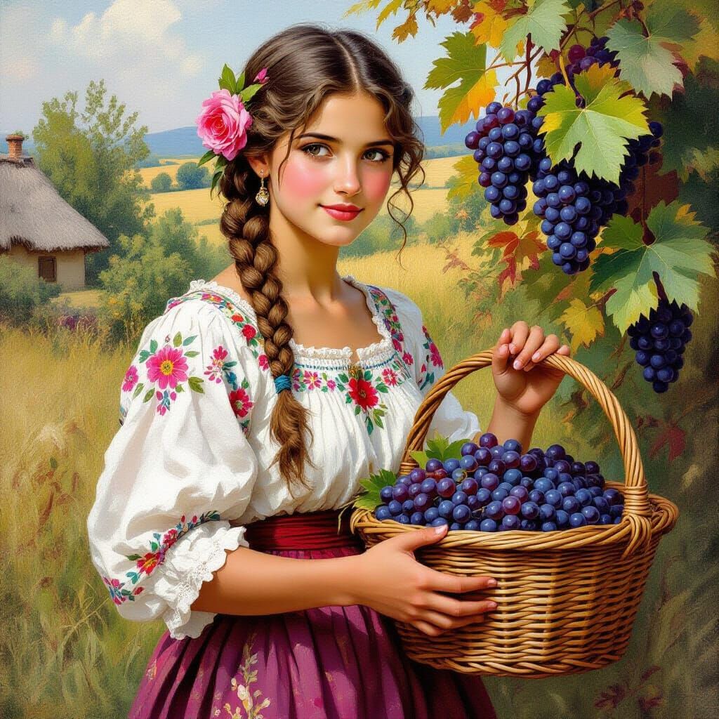 Romanian Girl with Grapes in Traditional Style