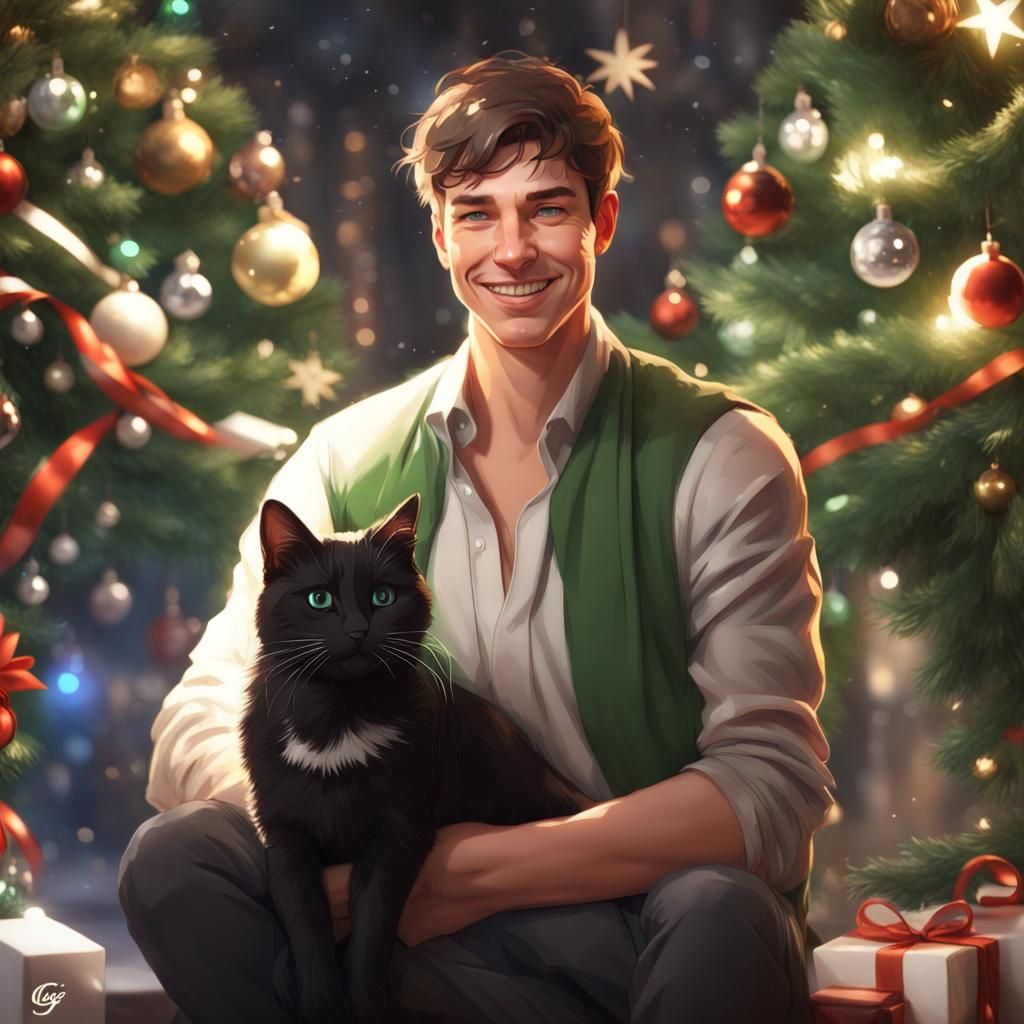 Smiling Man Holding Cat with Christmas Tree