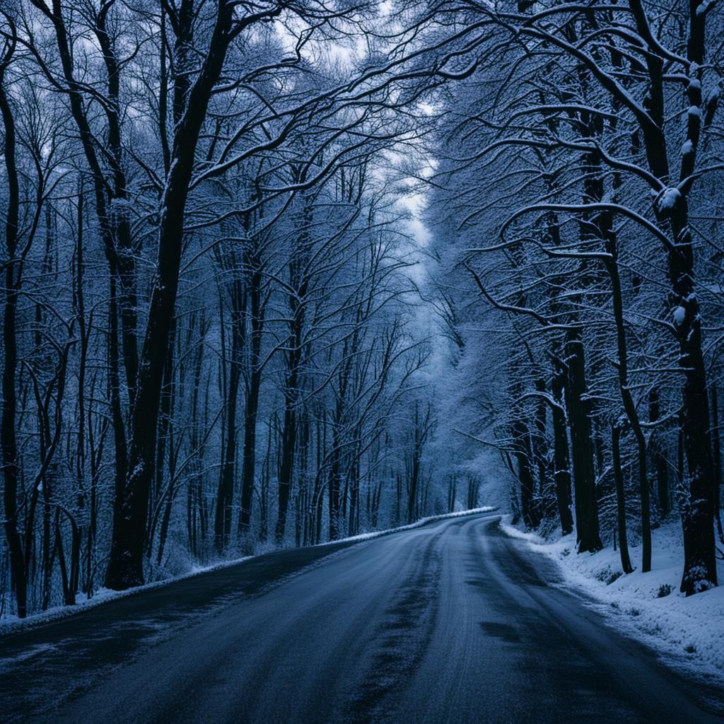 Winter Road Through Snow-Covered Woods