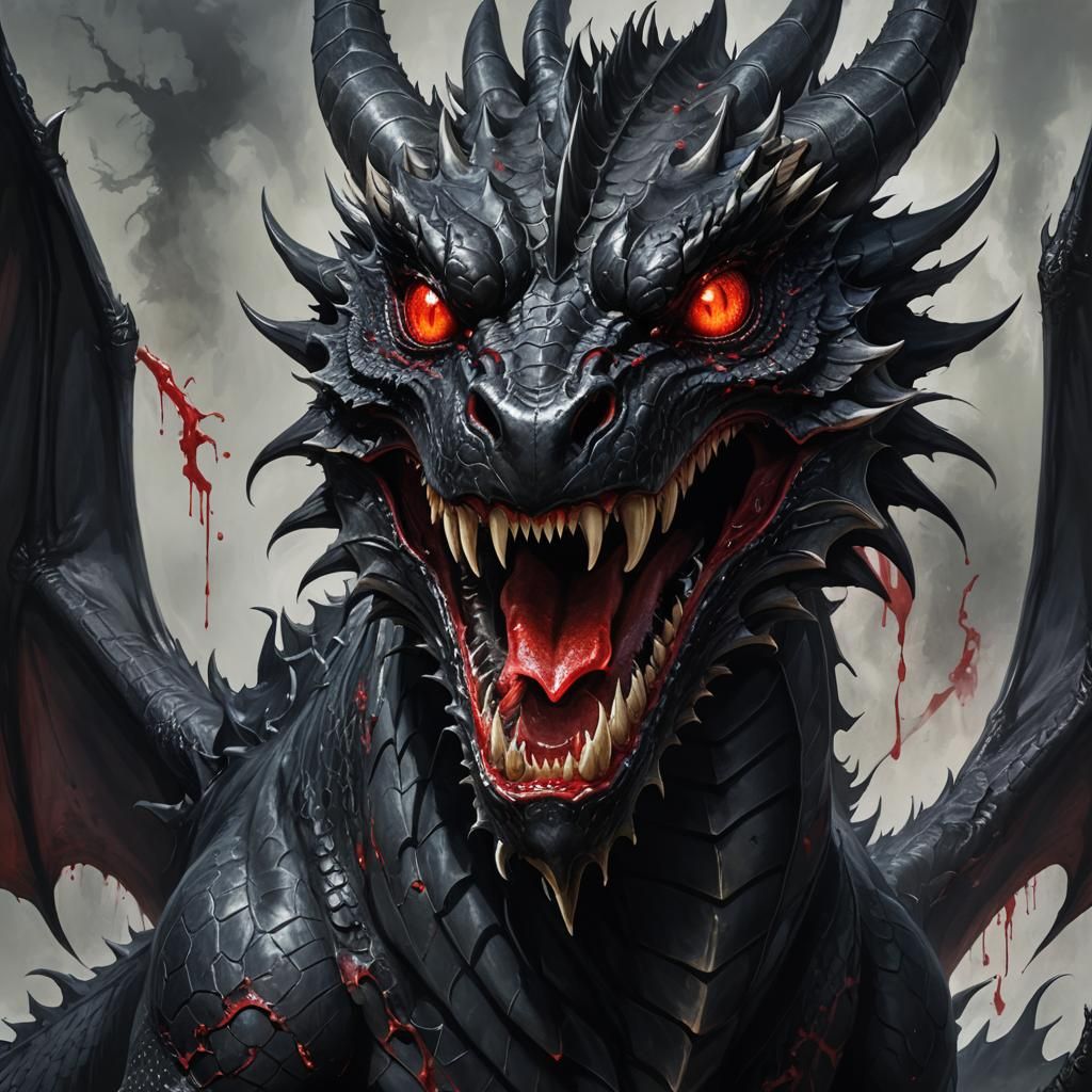 Black Dragon Portrait with Glowing Eye