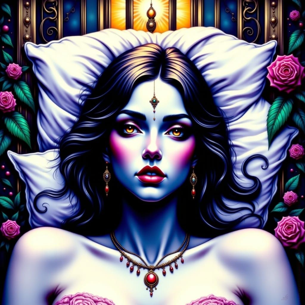 Woman in Serene Morning Bedroom with Lush Greenery and Vibra...