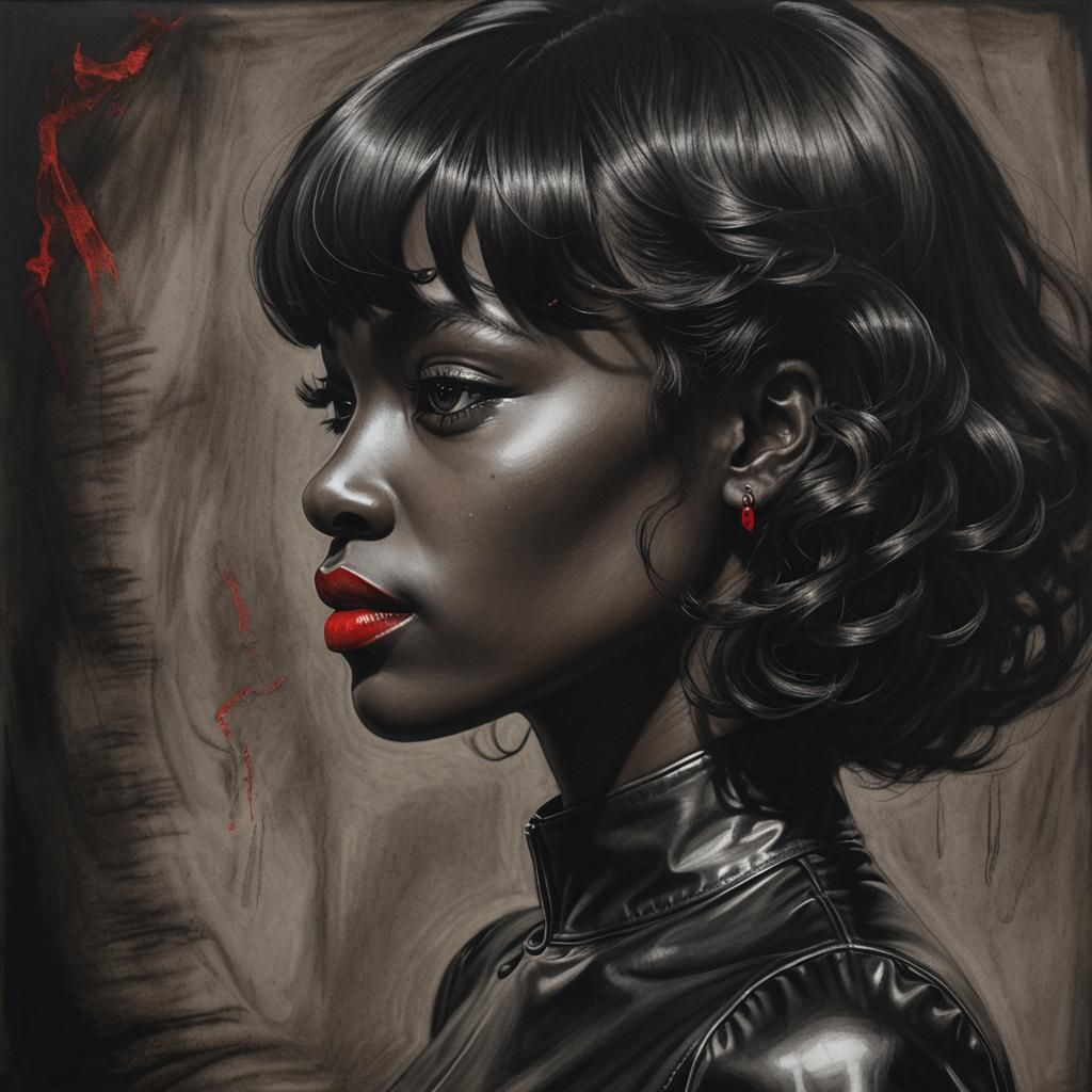 Futuristic Charcoal Portrait of Woman in Profile