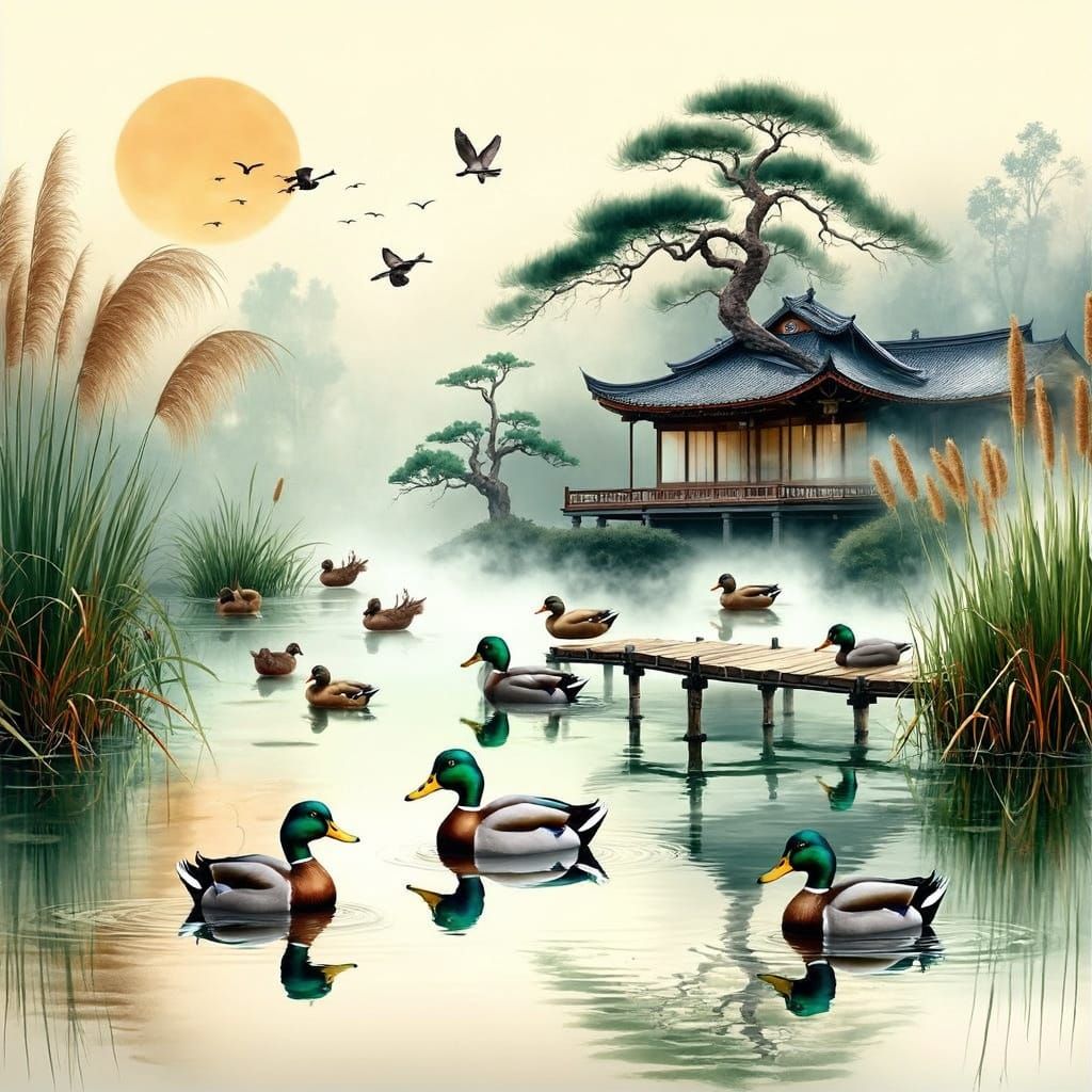 Serene Mallard Ducks in a Japanese Landscape