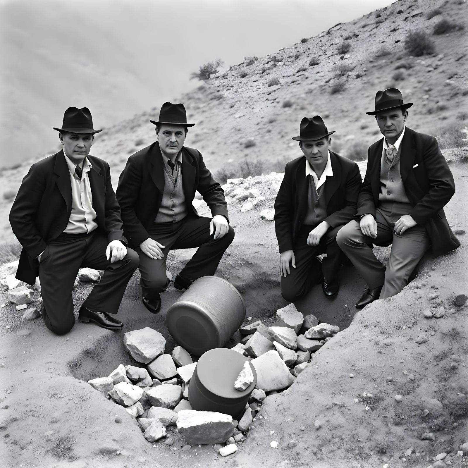 Men in Dark Suits Ponder Ancient Ruins on a Hillside