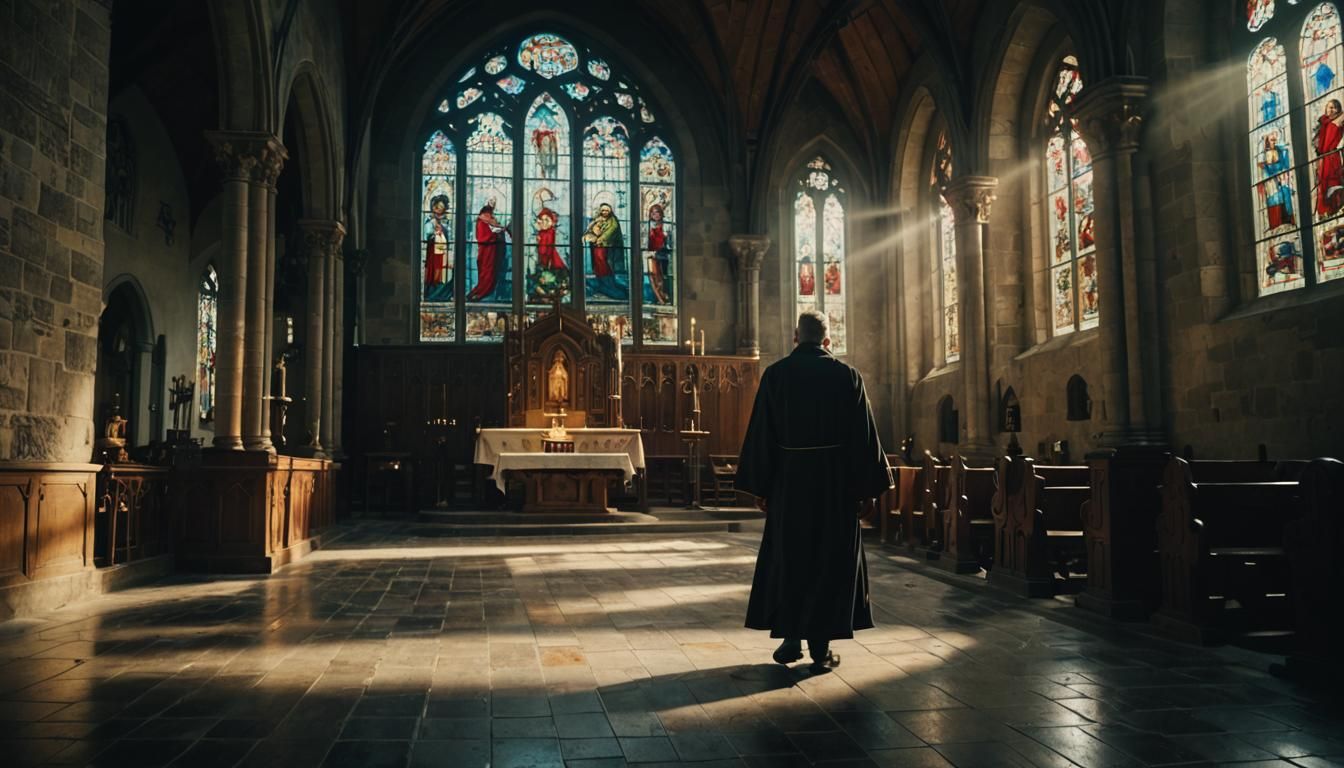 Dramatic Church Interior with Monk and Stained Glass