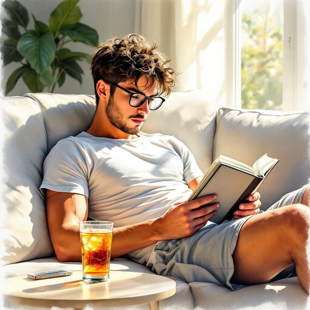 Watercolor Painting of a Man Reading on a Couch