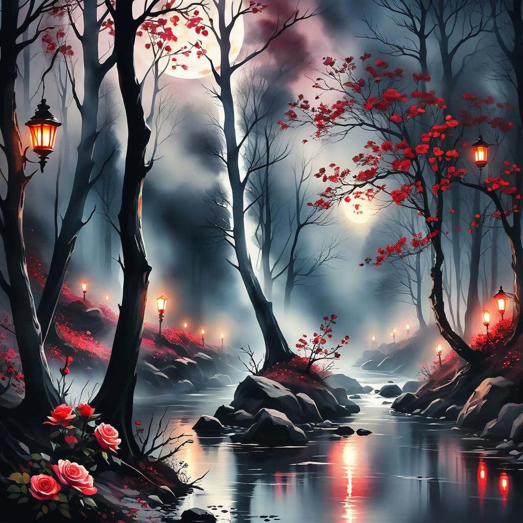 Mystical Forest Stream in Dreamy Watercolor Style