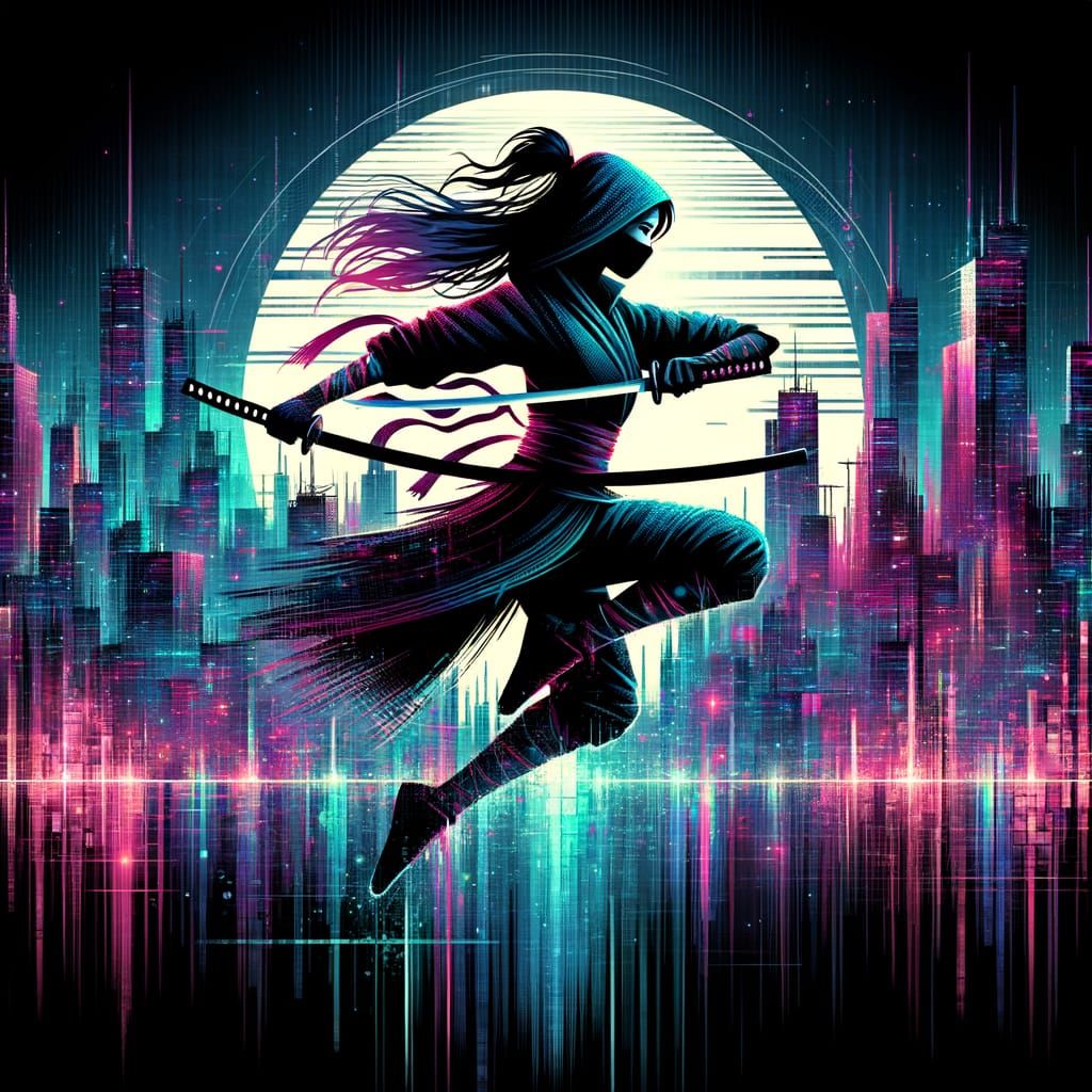 Hispanic Assassin Dancing with Katana in Glitch Art Style