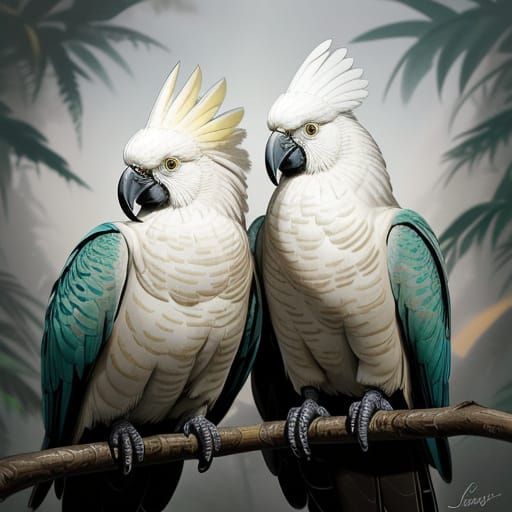 Vibrant Cockatoos Perched in Golden Hour Light