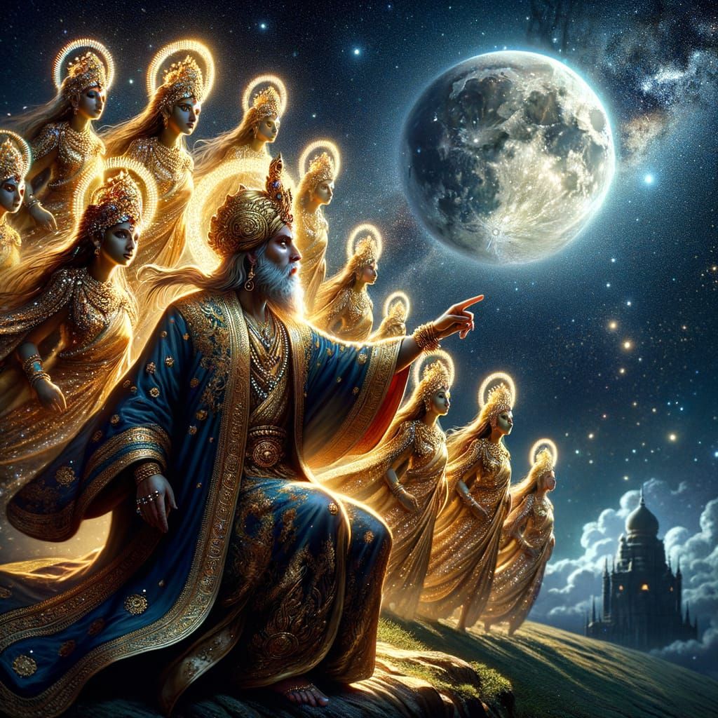 Ancient Sage and Celestial Daughters Under Starry Night Sky