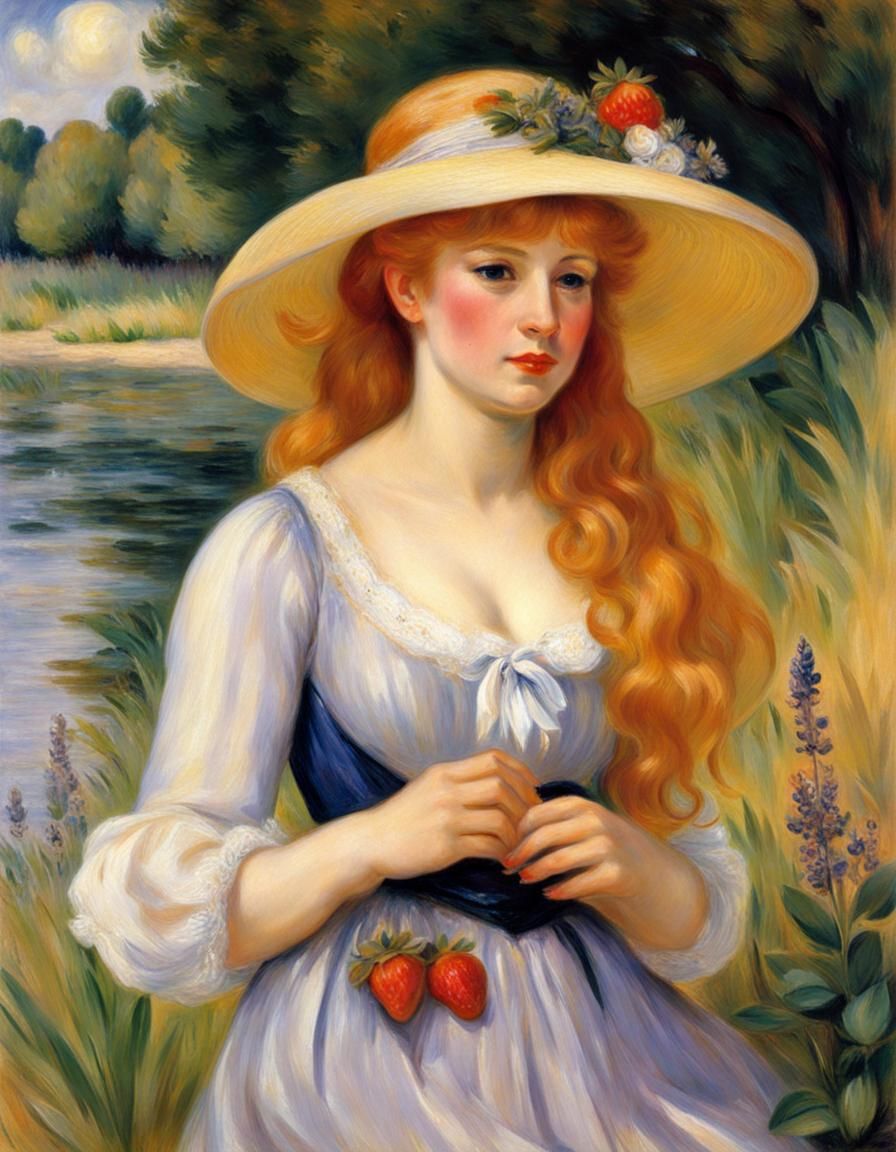 A very beautiful young woman with (strawberry blonde) hair, ...