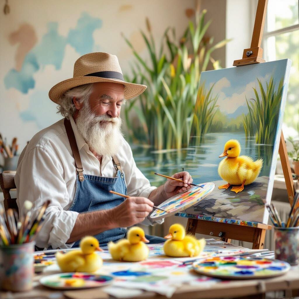 Elderly Artist Paints Ducklings in Sun-Drenched Studio