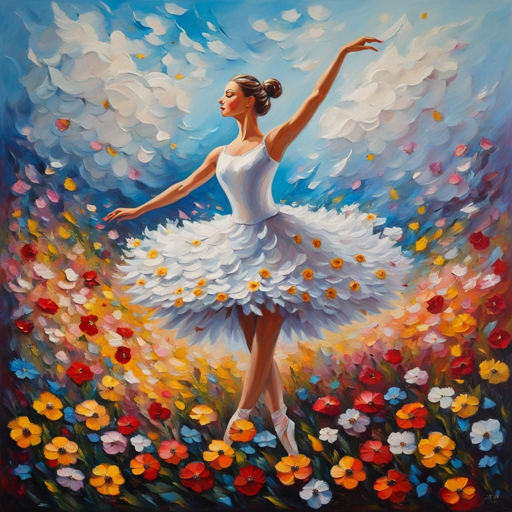 Ballerina Dances in Floral Impasto Landscape