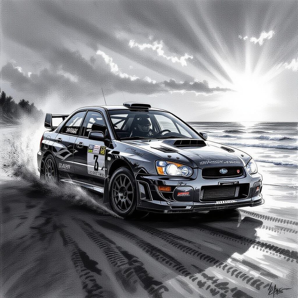 Hyperdetailed Charcoal Drawing of a 2002 WRX on Beach
