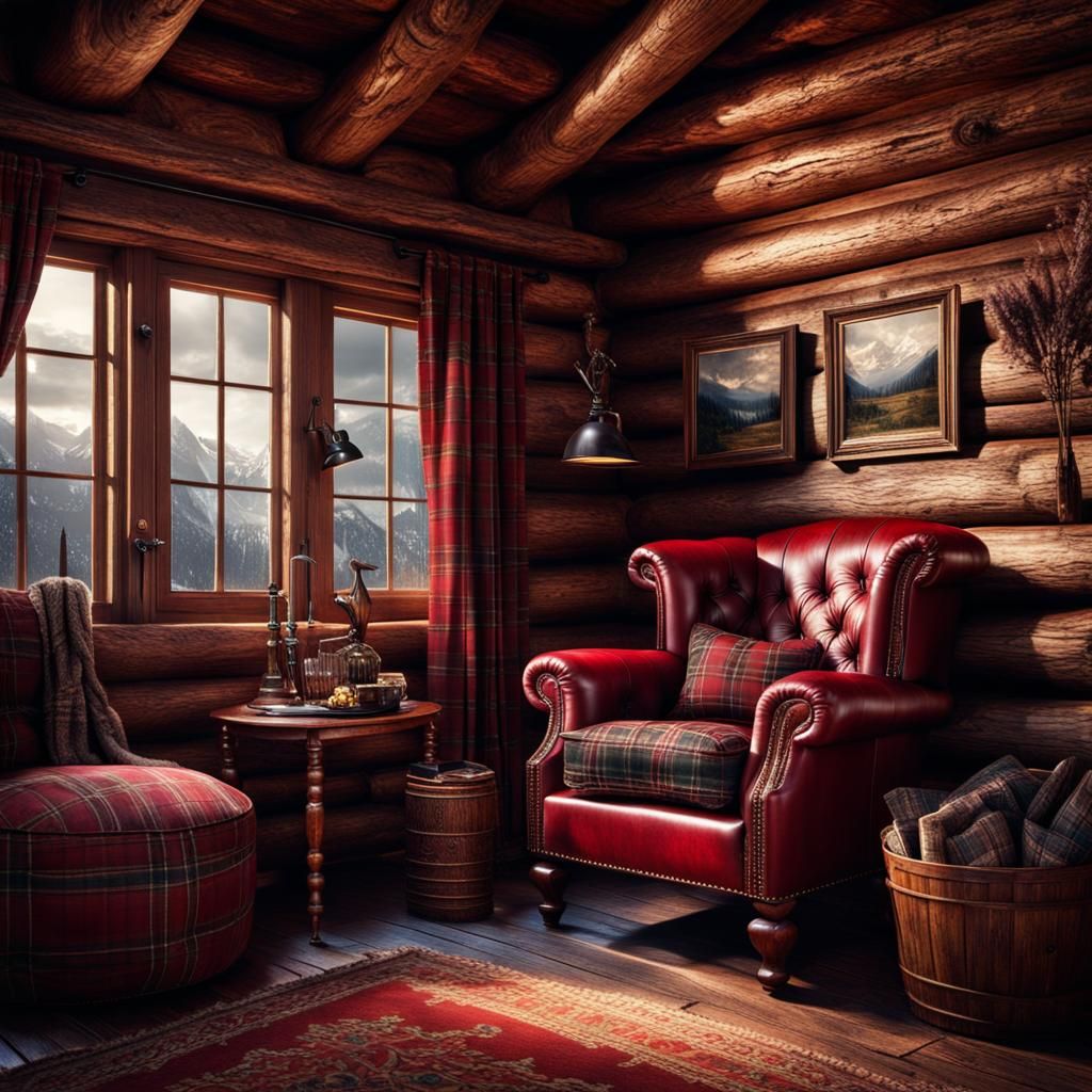 Red Leather Armchair with Tartan Cushions in Log Cabin