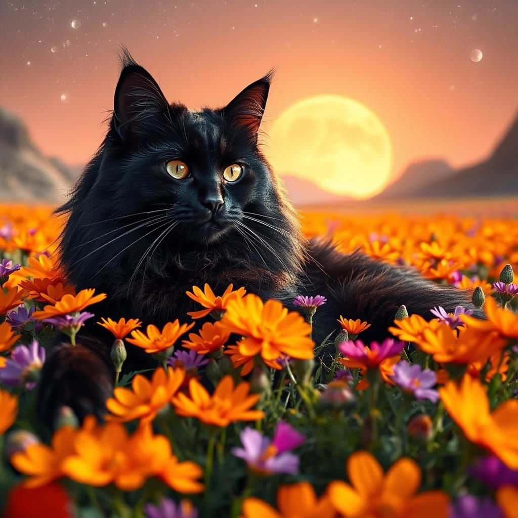 Black Cat Lounging in Alien Flower Field