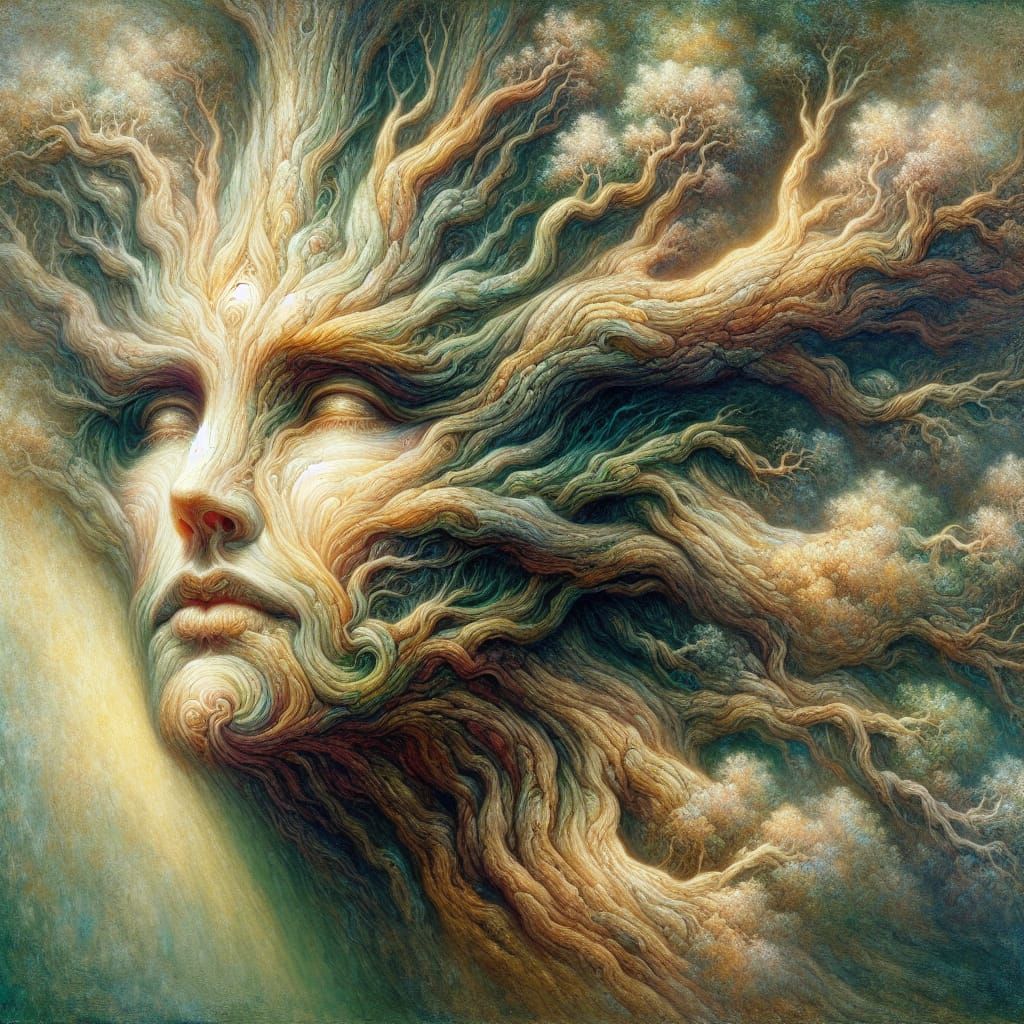 Tree Spirit Emerging from Oak in Pre-Raphaelite Style