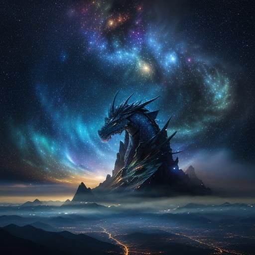 Cosmic Dragon Over Magical Lands in Digital Art
