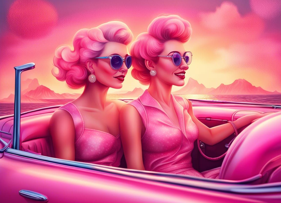 Happy Women in Pink Convertible, Atomic Art Style