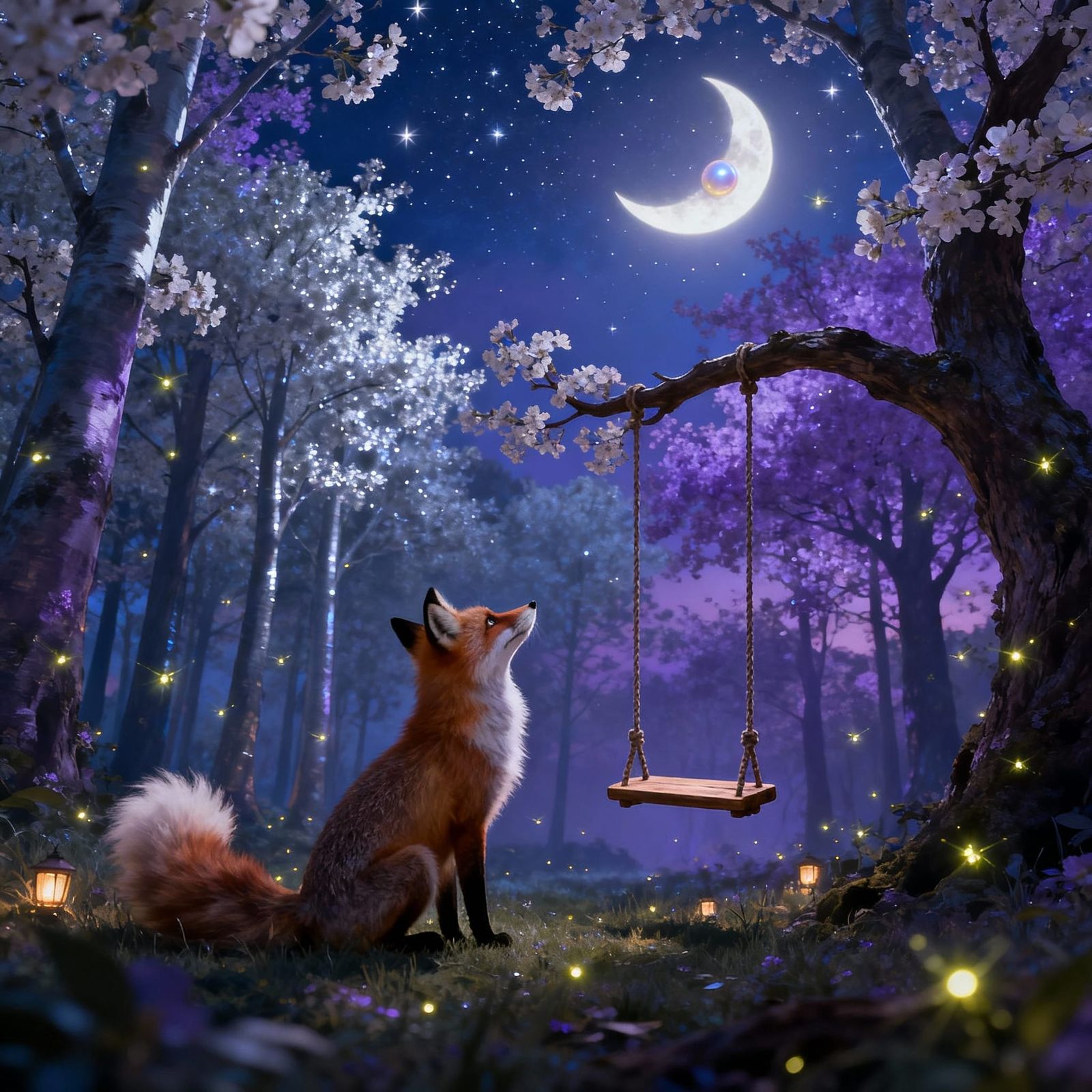 Whimsical Starlit Forest Clearing with Fox